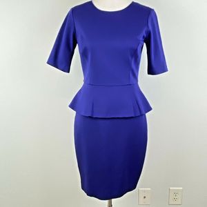 Trina Turk Dress Womens 2 Trophie Blue Peplum Short Sleeve Ponte Sheath Work